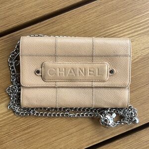 Authentic Chanel Wallet Tan with Added Chain WOC short Compact
